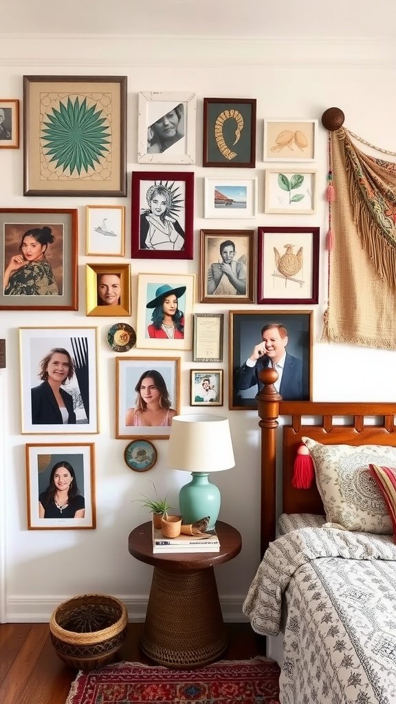 A cozy boho bedroom wall featuring an eclectic mix of framed art, portraits, and decorations, creating a personalized touch.