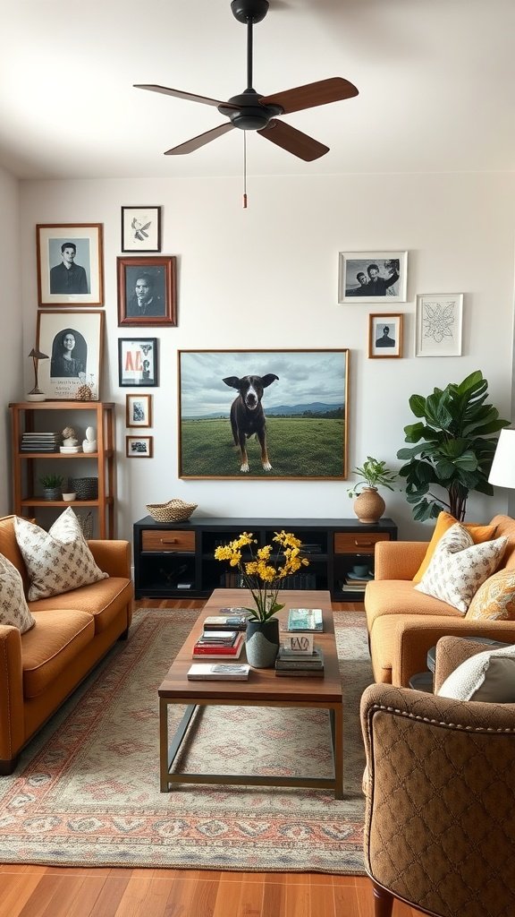 A cozy living room with personalized artwork, featuring framed pictures and a painting of a dog on the wall, complemented by warm-toned furniture and plants.