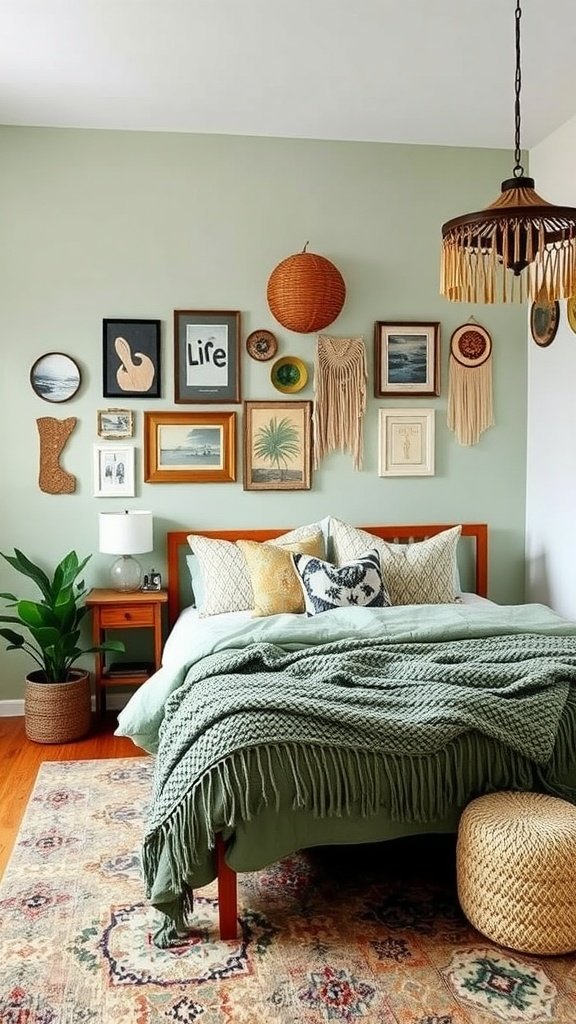 A boho-style bedroom featuring sage green walls, eclectic art displays, and cozy bedding.