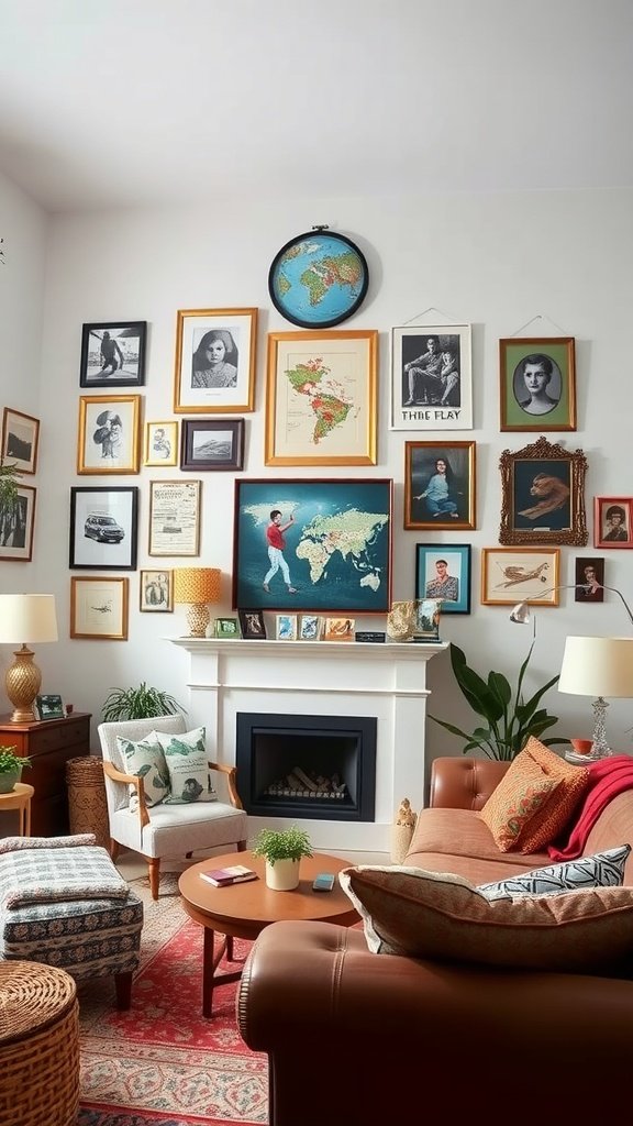A cozy living room with a gallery wall of framed photos and art, showcasing personalized decor.