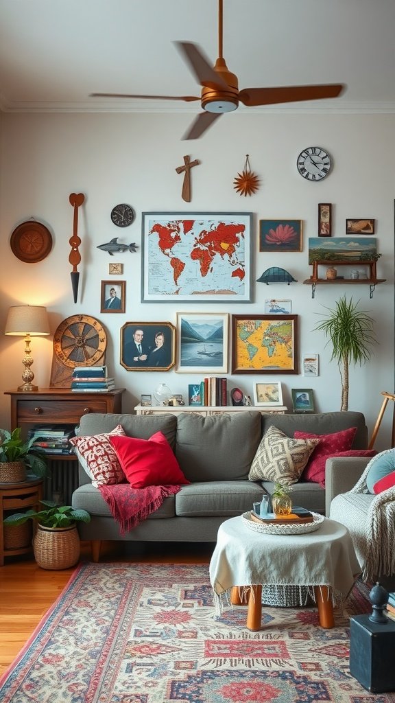 Cozy boho living room with travel-themed decor and personal touches.