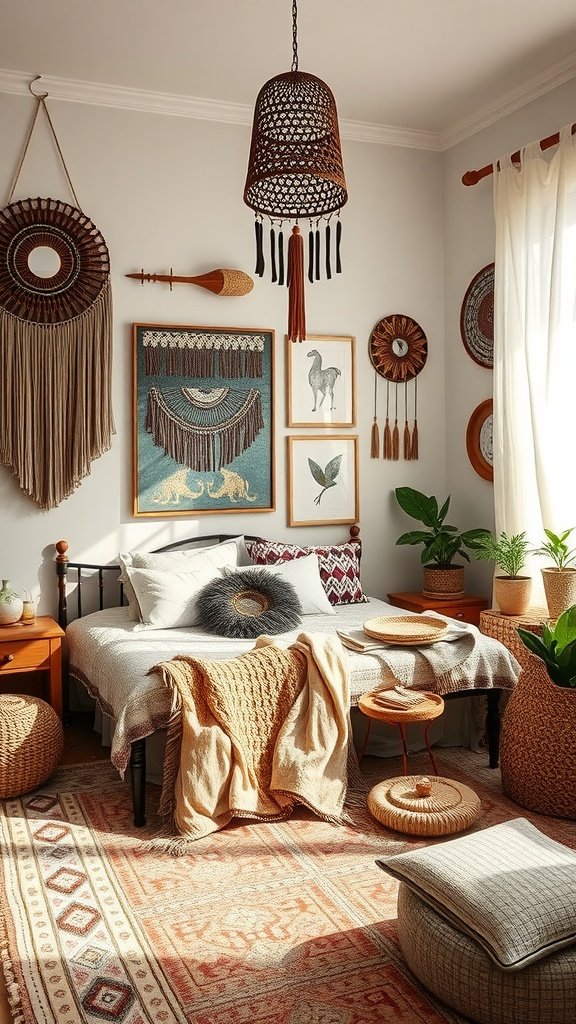 A boho bedroom featuring personalized decorative items like macramé wall hangings, unique art pieces, and plants.