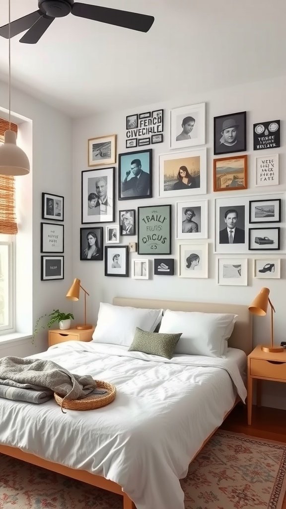 A cozy bedroom featuring a personalized gallery wall with various framed artworks and photographs.