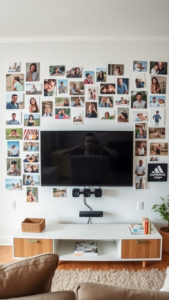 A wall decorated with various photos surrounding a television.
