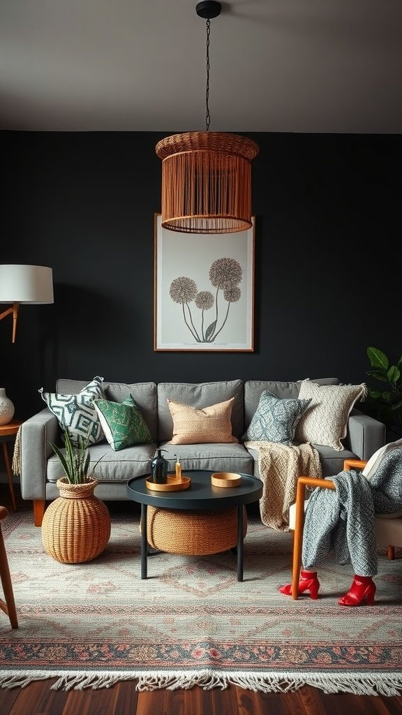 Stylish dark boho living room featuring a gray sofa, colorful cushions, and a woven pendant light.