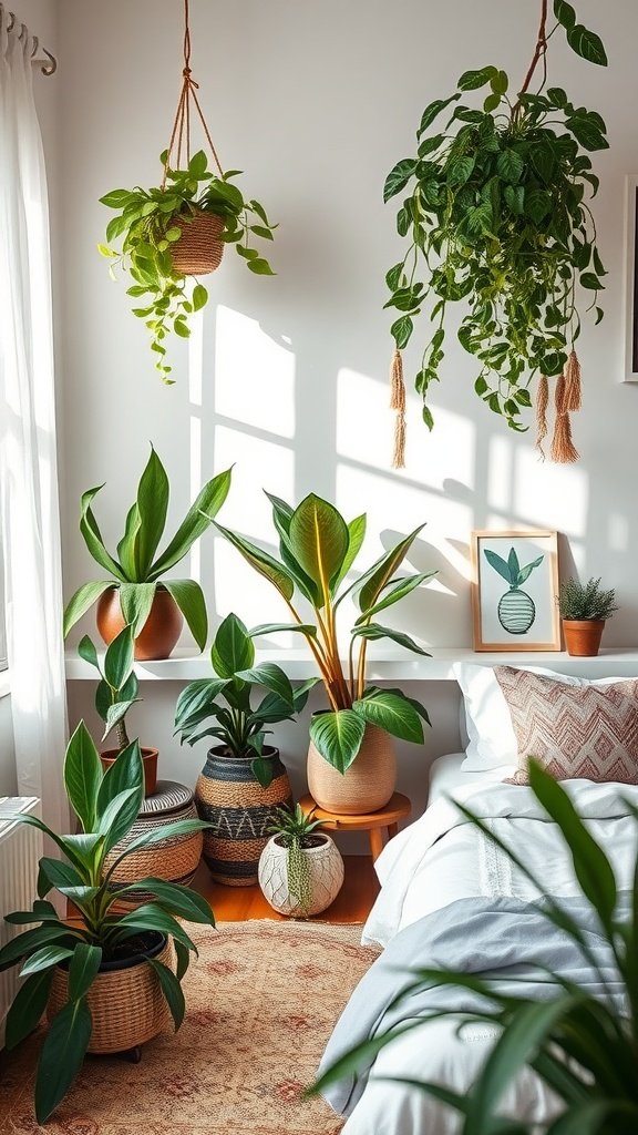 Cozy boho bedroom filled with various indoor plants, creating a serene atmosphere.