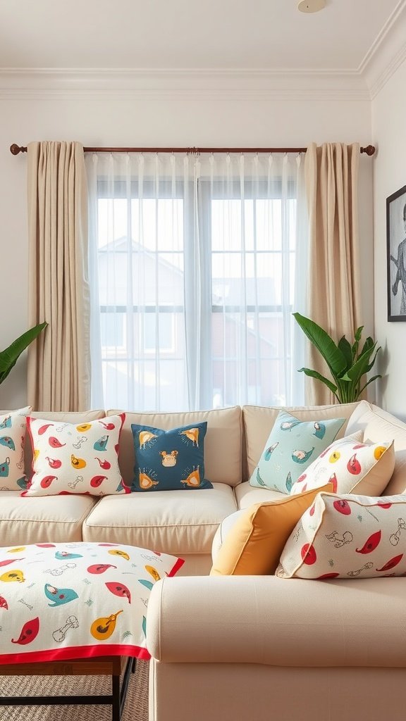 A cozy living room featuring playful patterned cushions and throws on a light-colored sofa.