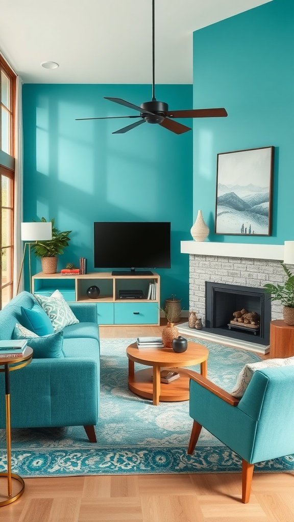 A modern living room featuring teal walls, warm wood accents, and stylish furniture.