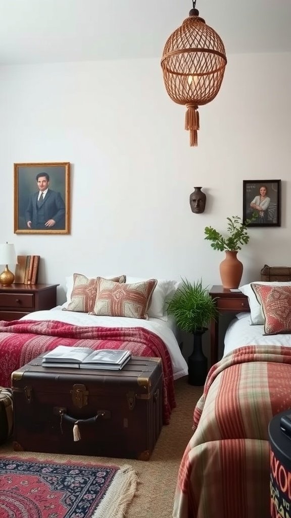A cozy boho bedroom with two beds, a vintage trunk, and woven pendant lights.