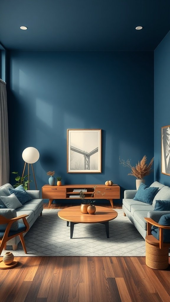 A modern living room featuring rich blue walls, warm wood furniture, and cozy seating.