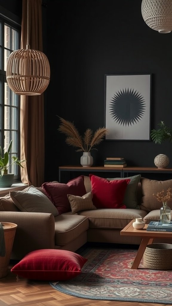 A cozy dark boho living room featuring a brown sectional couch with colorful pillows, a patterned rug, and stylish decor.