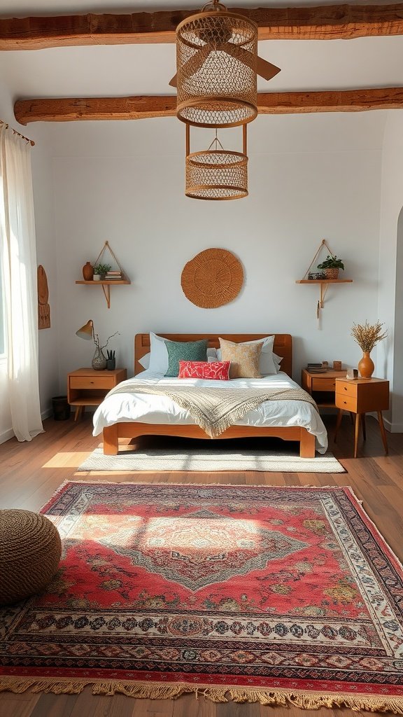 A cozy boho bedroom with a large, colorful rug placed under the bed, showcasing a warm and inviting atmosphere.