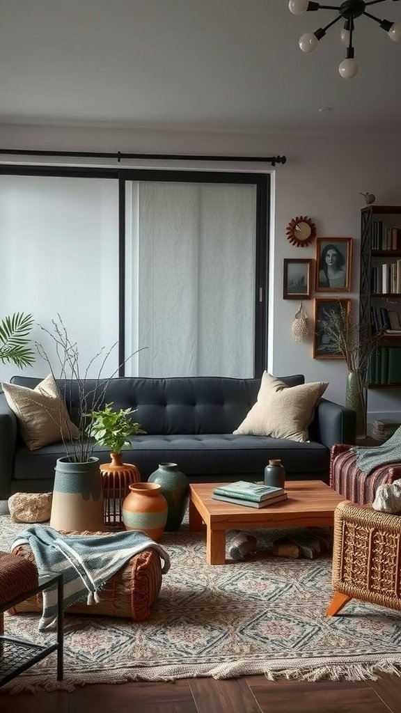A cozy dark boho living room with rustic accents like woven baskets, earthy pottery, and layered rugs.