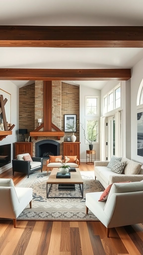A cozy living room featuring wooden beams, a fireplace, and modern furniture.