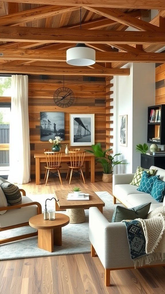 A cozy living room featuring wooden beams, modern furniture, and a mix of rustic and contemporary decor.