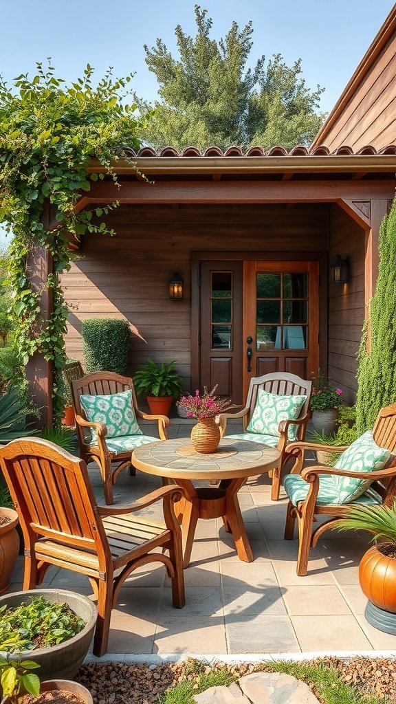 A rustic outdoor seating area with wooden chairs, a round table, and potted plants.