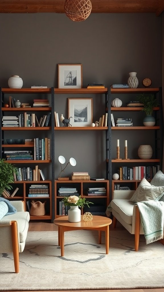 A cozy living room with rustic shelving units displaying books and decor.