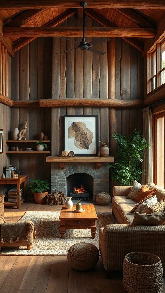 A cozy living room featuring rustic wood accents, a stone fireplace, and natural plants.
