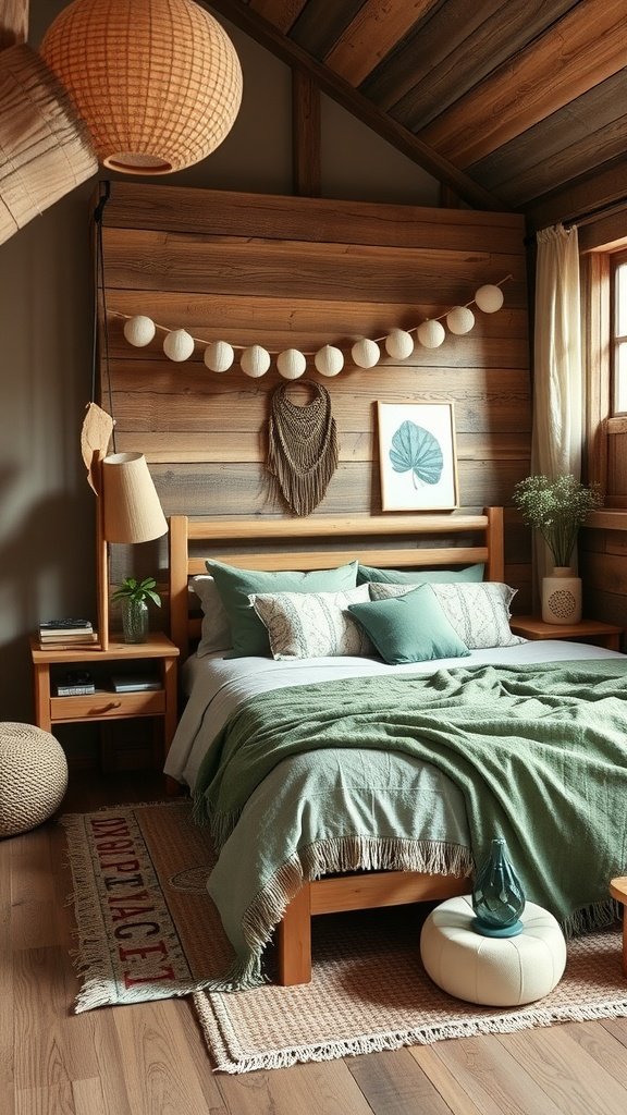 A cozy bedroom featuring rustic wood accents and sage green decor, with a wooden wall, soft bedding, and stylish lighting.