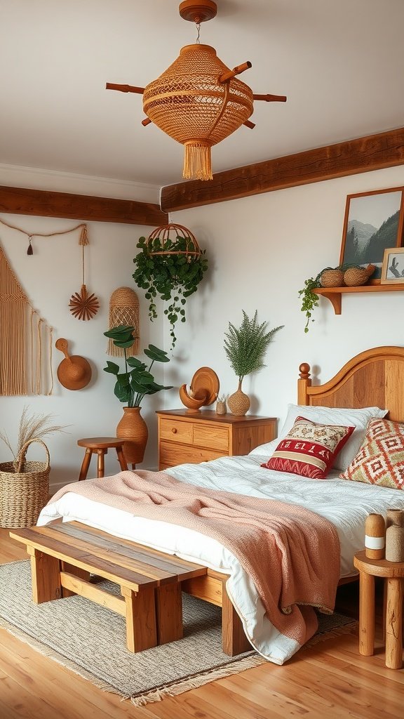 A cozy boho bedroom featuring rustic wood furniture, warm textiles, and plants.