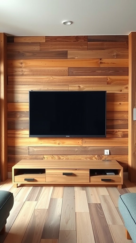 Living room with a rustic wooden accent wall and a TV on it