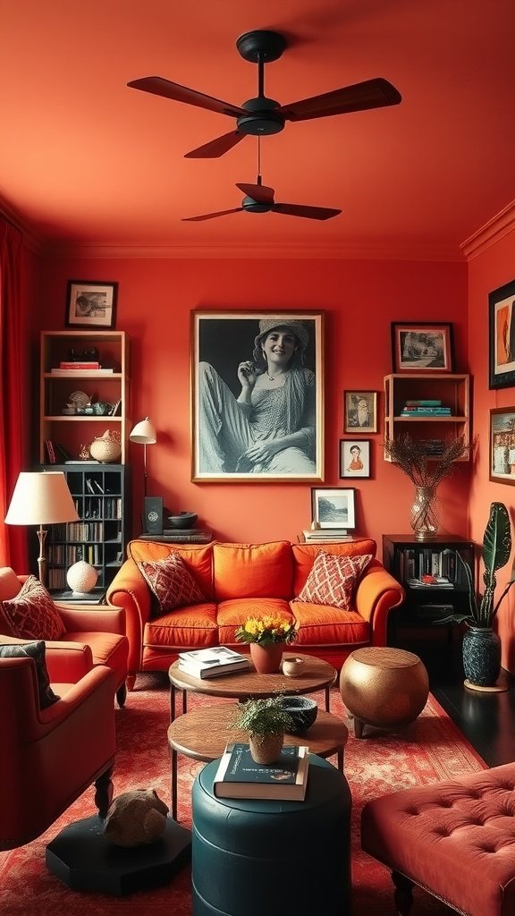 A cozy living room featuring rusty orange walls, deep red furniture, and various decor items creating a warm atmosphere.