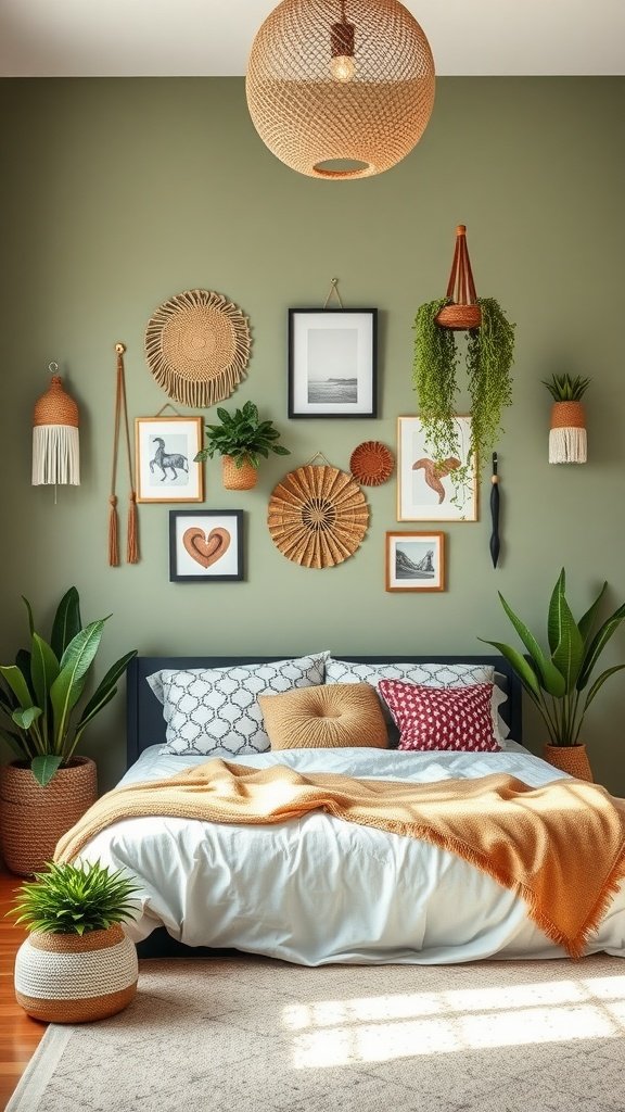 A boho style bedroom featuring a sage green accent wall decorated with woven art, framed pictures, and plants, creating a warm and inviting atmosphere.