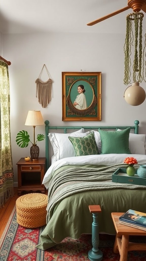 A boho style bedroom featuring sage green accessories with a cozy bed, decorative pillows, and natural elements.