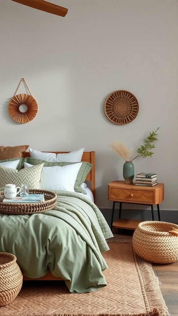 A cozy bedroom featuring sage green bedding, natural fiber baskets, and wooden furniture, creating a boho style ambiance.