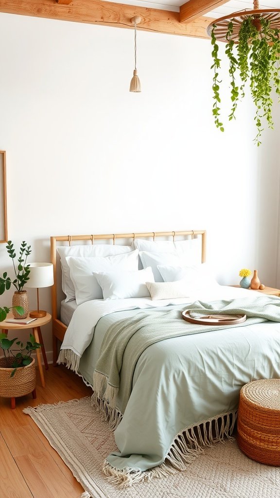 Cozy bedroom with sage green blanket, white walls, and natural decor.