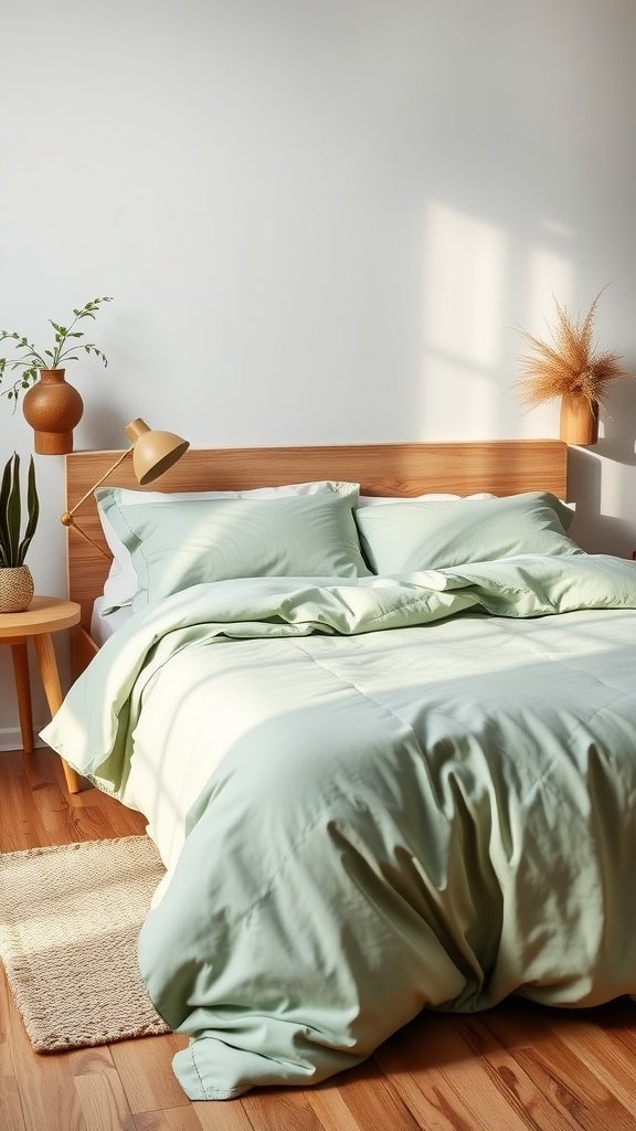 A cozy bedroom featuring sage green bedding, wooden furniture, and natural decor elements.