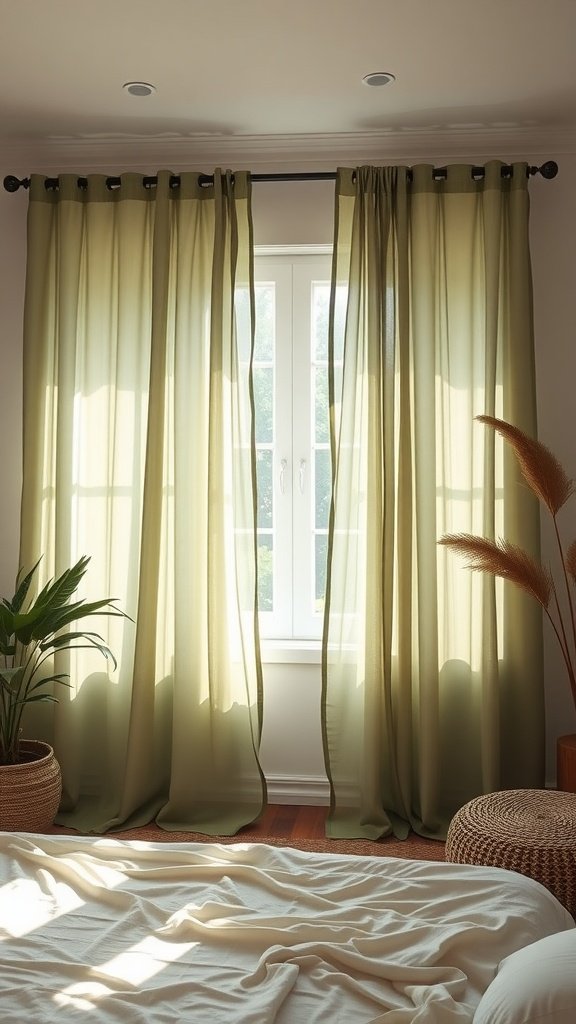A soft, sage green curtain hanging in a well-lit bedroom, with natural light streaming through the window.