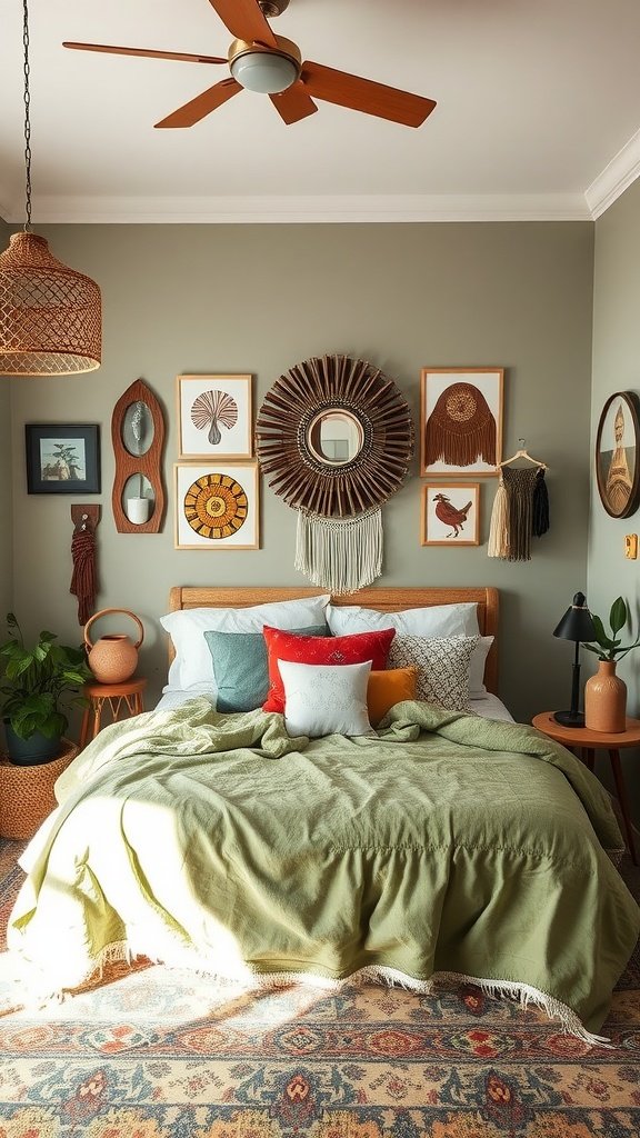 A cozy boho-style bedroom decorated in sage green with colorful pillows and global-inspired wall art.