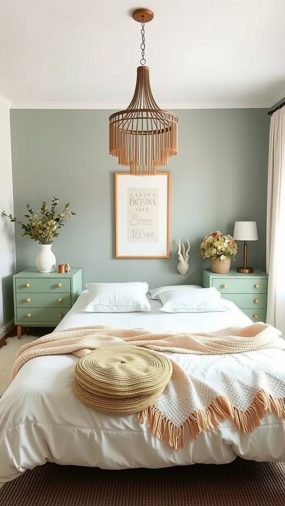 A cozy boho-style bedroom with sage green nightstands, a woven blanket, and a warm chandelier.