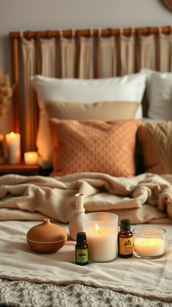 Cozy bedroom setup with candles and essential oils creating a soothing atmosphere