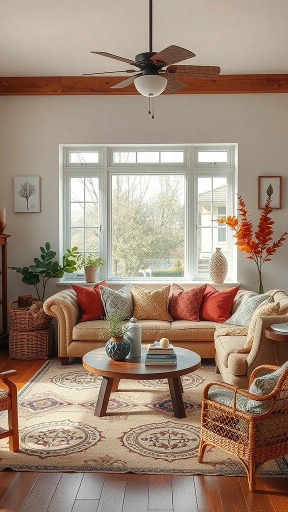 A cozy earthy living room with a beige couch, colorful pillows, and a round wooden coffee table.