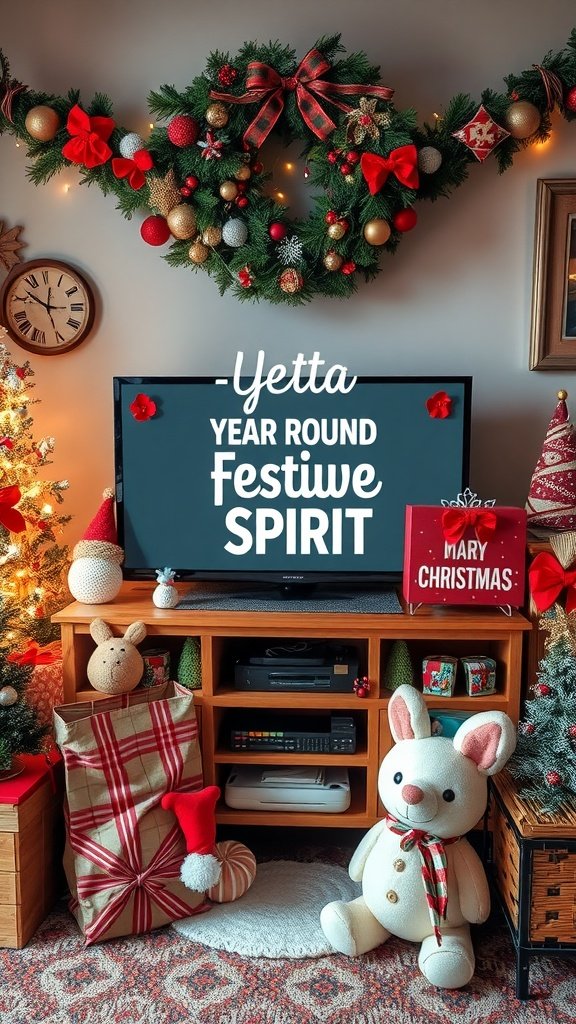 Cozy living room decorated for Christmas with a TV display and seasonal decor.