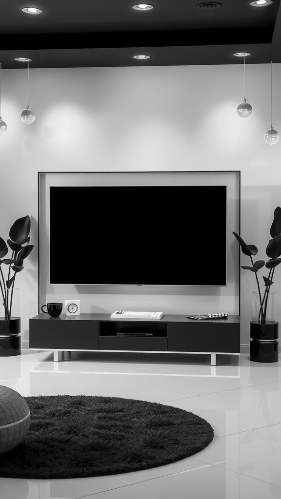 Sleek black and white living room with a TV and modern decor