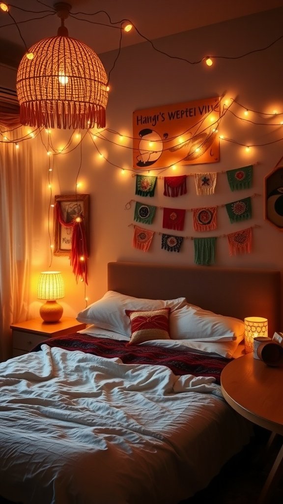 A cozy boho bedroom with soft ambient lighting from lamps and fairy lights.