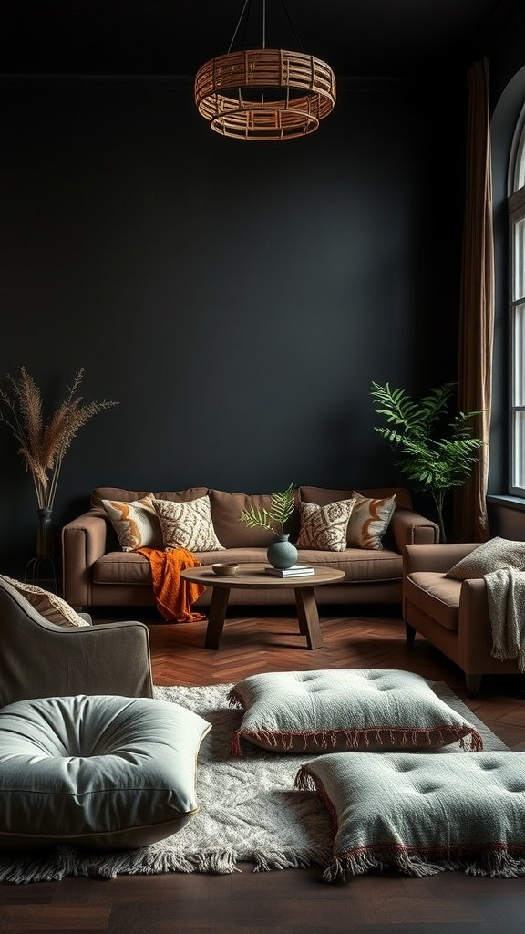 A dark boho living room featuring soft seating, cushions, and a warm atmosphere.