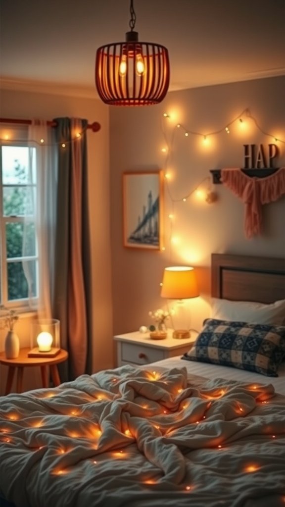 Cozy bedroom with soft lighting and warm decor