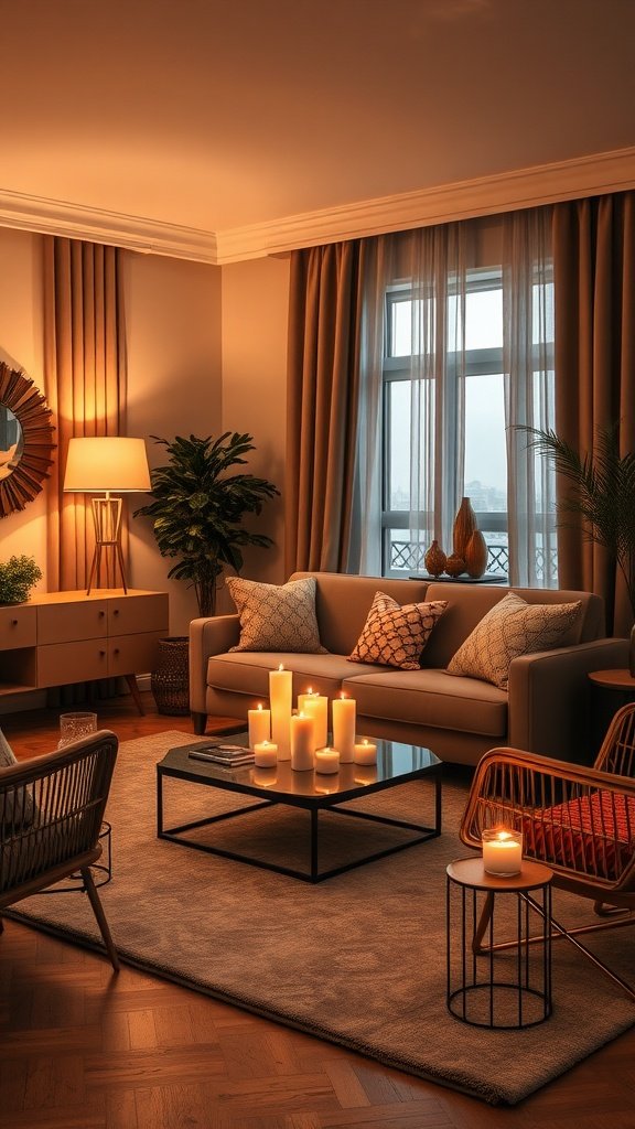 A cozy living room with soft lighting, candles on a coffee table, and warm-toned decor.