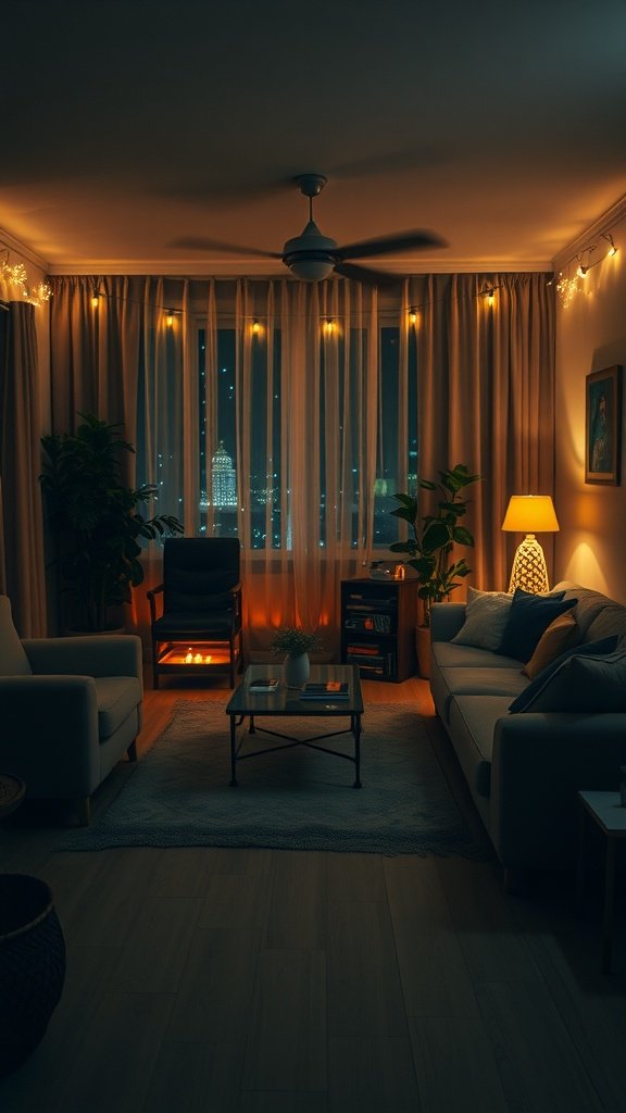 A moody boho living room with soft lighting from fairy lights, featuring a cozy ambiance with a view of city lights.