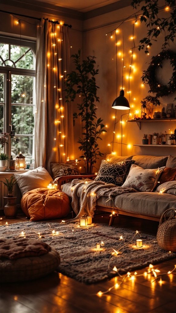 Cozy living room with soft lighting from fairy lights, plants, and comfortable seating.