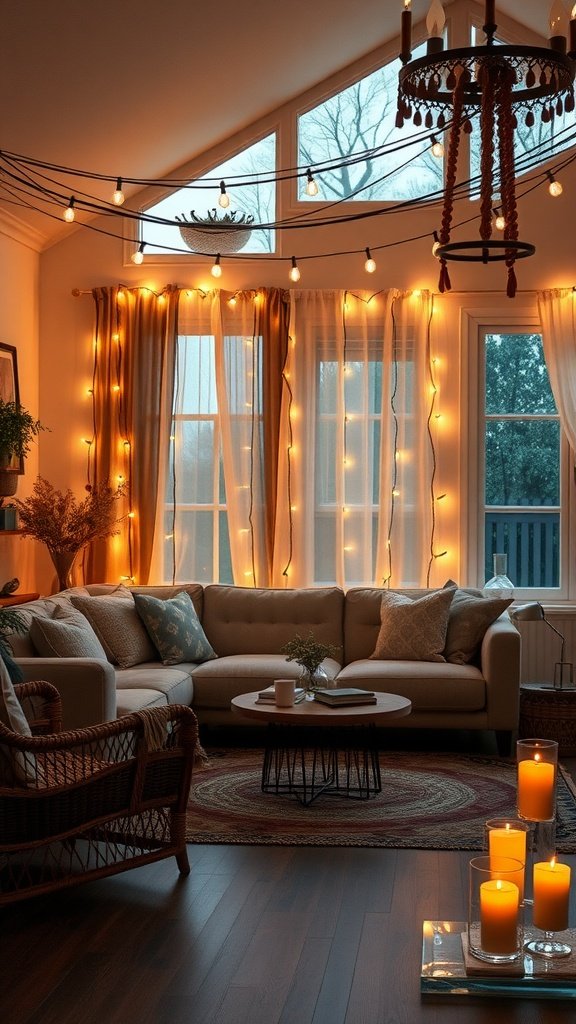 Cozy living room with soft lighting from string lights.