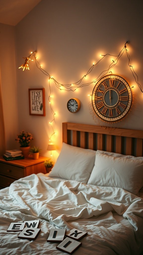 A cozy boho bedroom with soft string lights illuminating the space