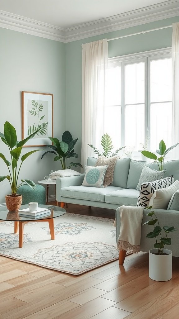 A modern living room with soft mint walls, a mint green couch, and organic patterns on the rug and cushions.