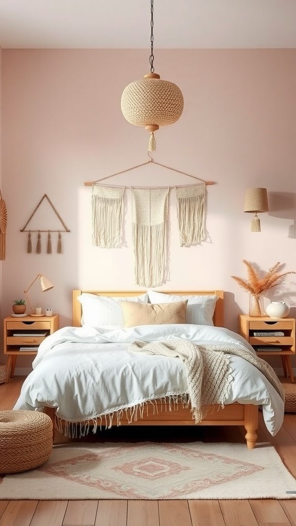 A cozy boho bedroom with pastel colors, featuring a bed with white bedding, wooden furniture, and decorative elements.