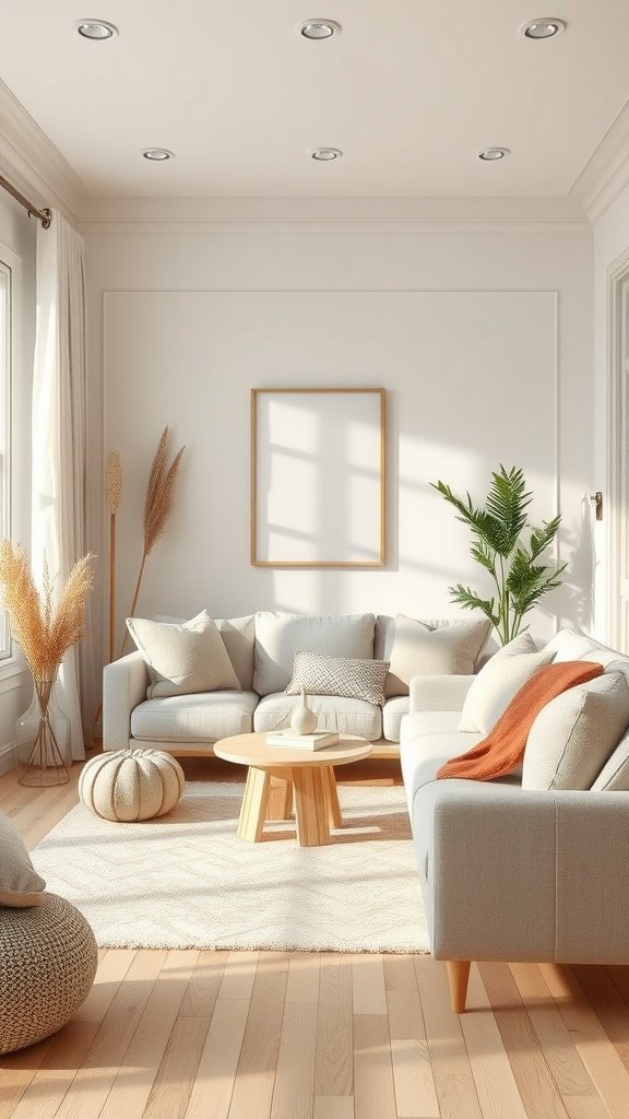 Modern living room with soft pastel colors and natural textures.