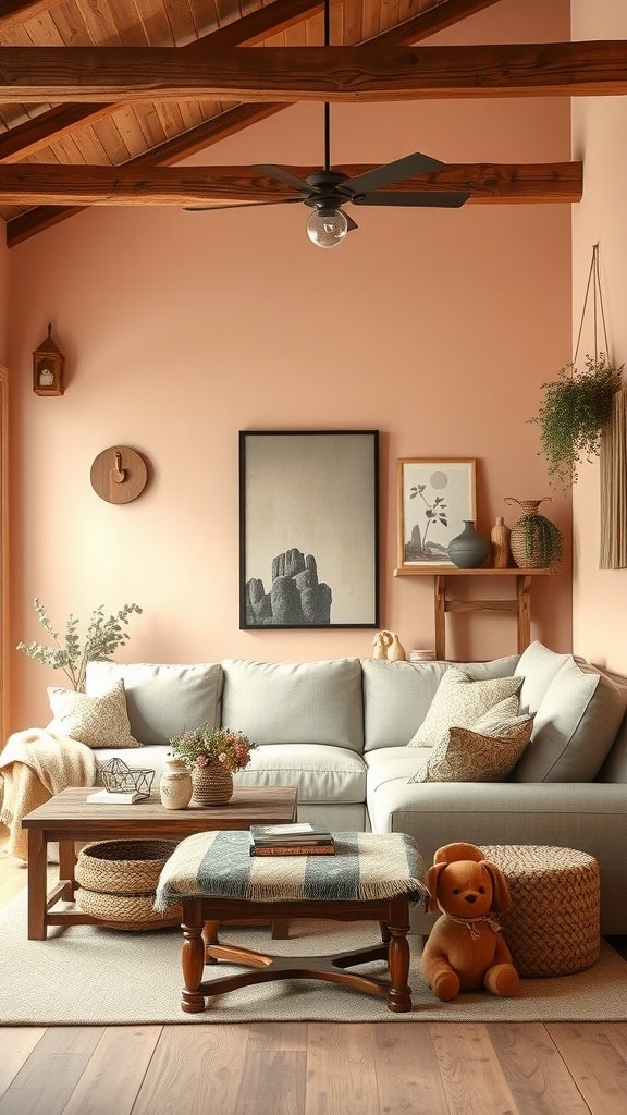 A cozy living room featuring soft peach walls, rustic wooden beams, and a comfortable couch with woven decor.